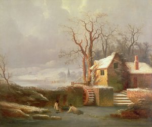 Escena de nieve con molino y cabañas